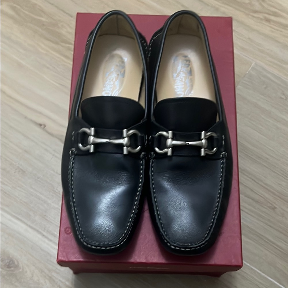 Salvatore Ferragamo Black Leather Loafers with Horsebit Detail